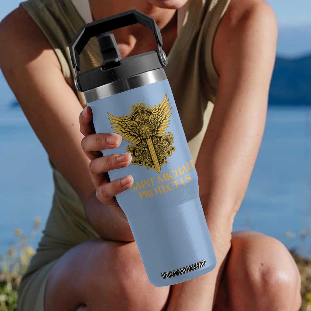 Vintage Catholic Saint Michael Protect Us Flip Straw Tumbler Religious Gift TS12 One Size: 30 oz Light Blue Print Your Wear