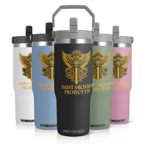 Vintage Catholic Saint Michael Protect Us Flip Straw Tumbler Religious Gift TS12 Print Your Wear