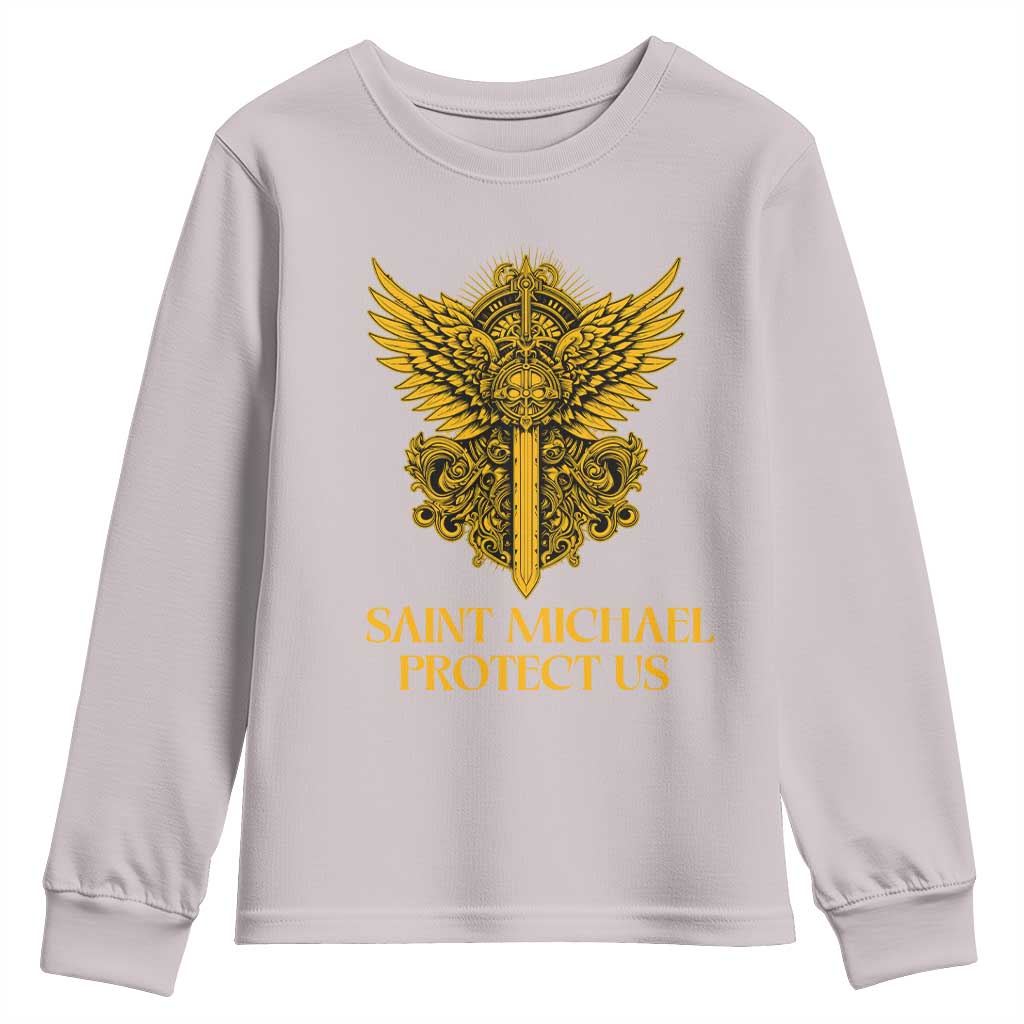 Vintage Catholic Saint Michael Protect Us Youth Sweatshirt Religious Gift TS12 Ice Gray Print Your Wear