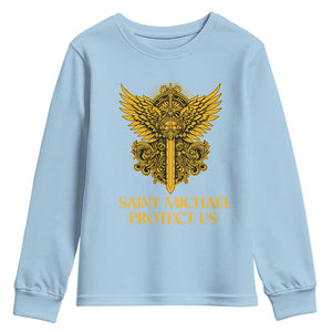 Vintage Catholic Saint Michael Protect Us Youth Sweatshirt Religious Gift TS12 Light Blue Print Your Wear