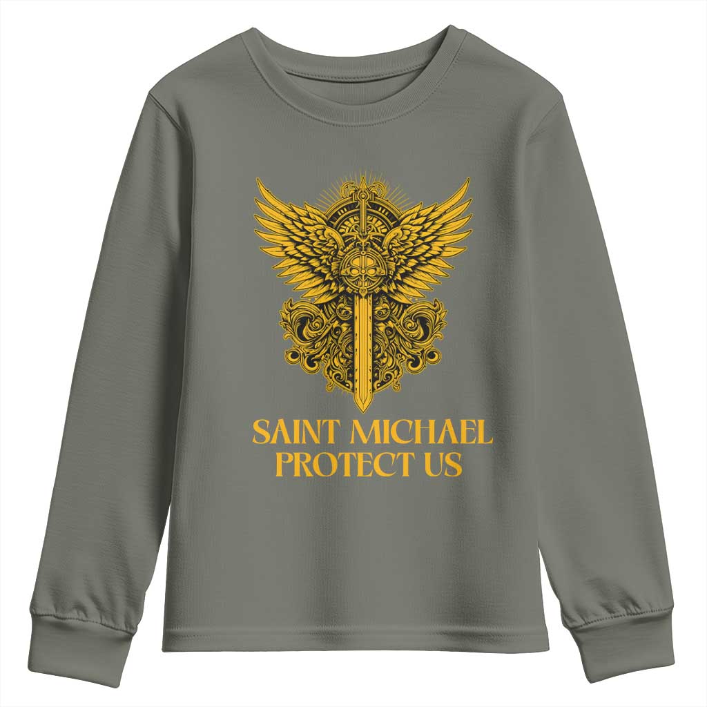 Vintage Catholic Saint Michael Protect Us Youth Sweatshirt Religious Gift TS12 Military Green Print Your Wear