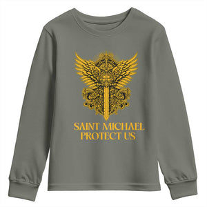 Vintage Catholic Saint Michael Protect Us Youth Sweatshirt Religious Gift TS12 Military Green Print Your Wear