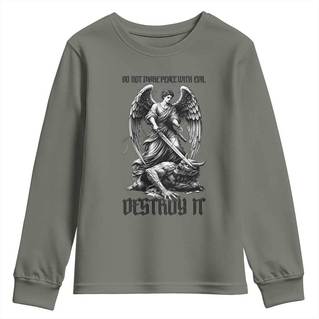 Do Not Make Peace With Evil Youth Sweatshirt Archangel Saint Michael TS12 Military Green Print Your Wear