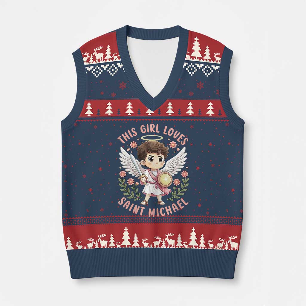 This Girl Loves Saint Michael V-Neck Knit Sweater Vest Religious Faith Gift TS12 Navy Red Print Your Wear
