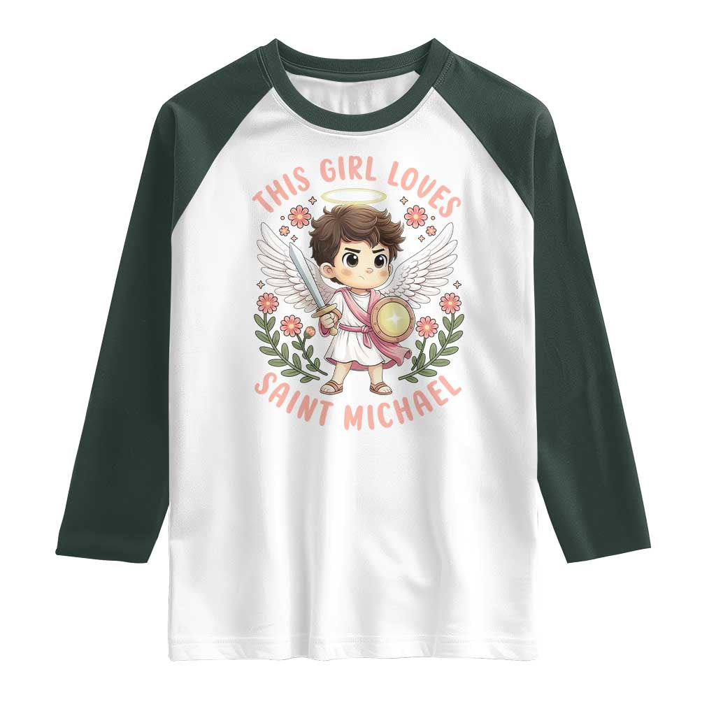 This Girl Loves Saint Michael Raglan Shirt Religious Faith Gift TS12 White Dark Forest Green Print Your Wear