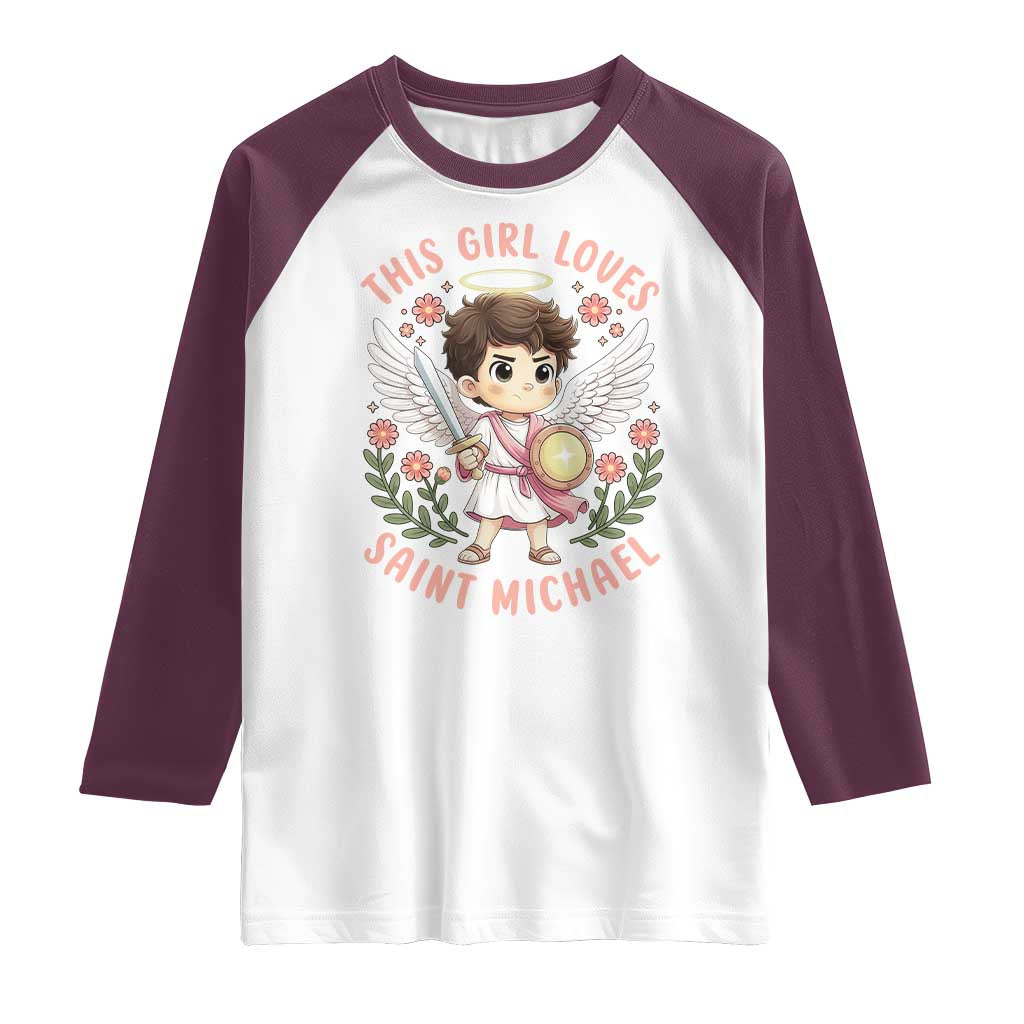 This Girl Loves Saint Michael Raglan Shirt Religious Faith Gift TS12 White Maroon Print Your Wear