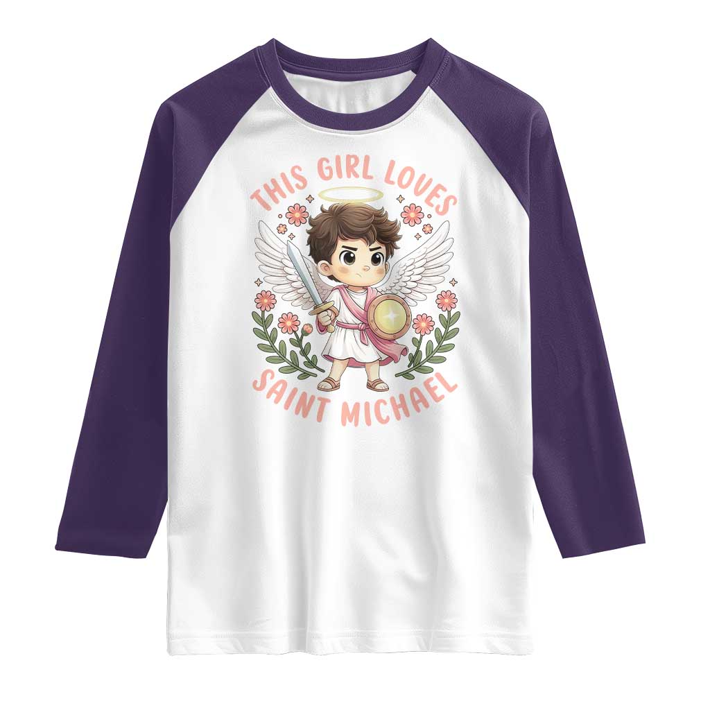 This Girl Loves Saint Michael Raglan Shirt Religious Faith Gift TS12 White Purple Print Your Wear