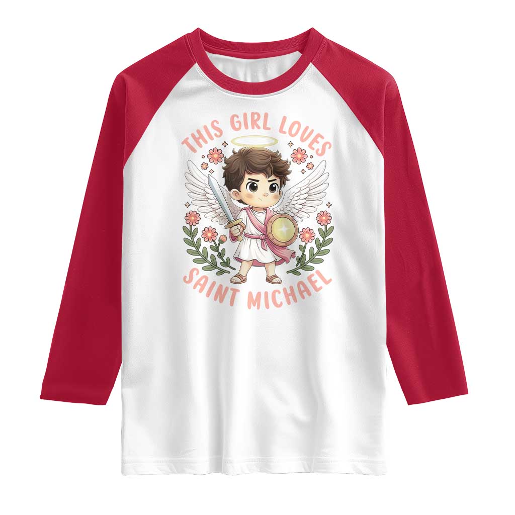 This Girl Loves Saint Michael Raglan Shirt Religious Faith Gift TS12 White Red Print Your Wear