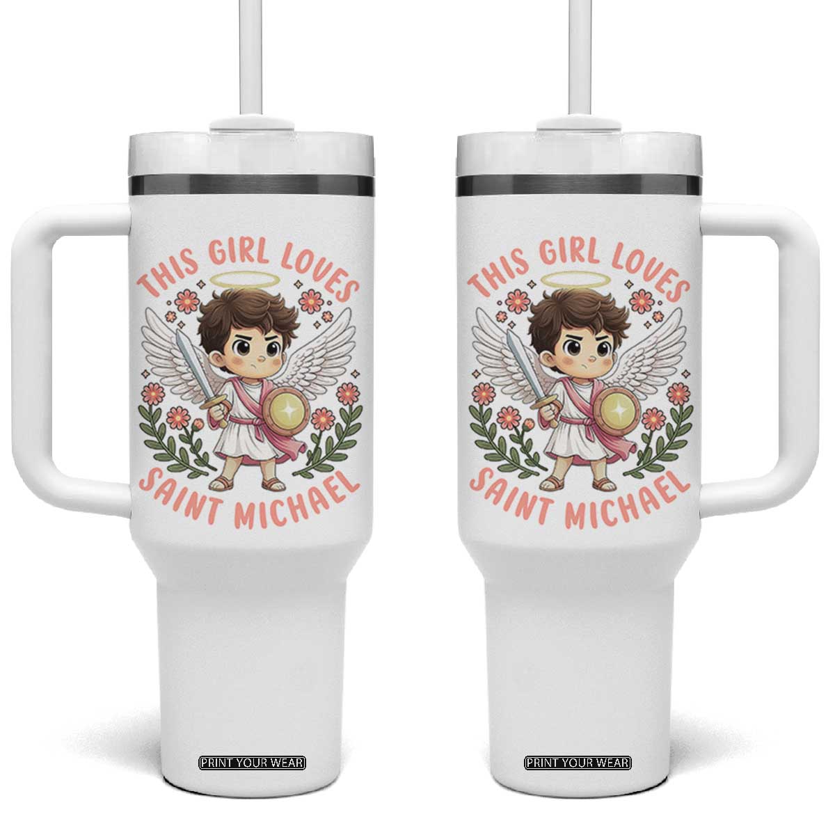This Girl Loves Saint Michael Tumbler With Handle Religious Faith Gift TS12 One Size: 40 oz White Print Your Wear