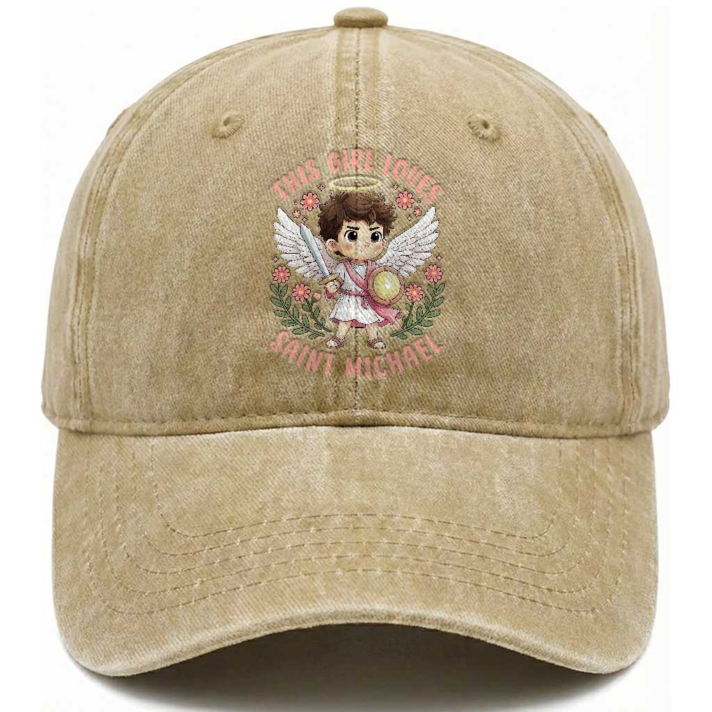 This Girl Loves Saint Michael Washed Cotton Baseball Cap Religious Faith Gift TS12 Print Your Wear