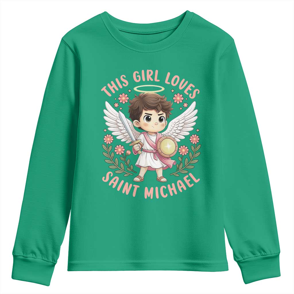 This Girl Loves Saint Michael Youth Sweatshirt Religious Faith Gift TS12 Irish Green Print Your Wear