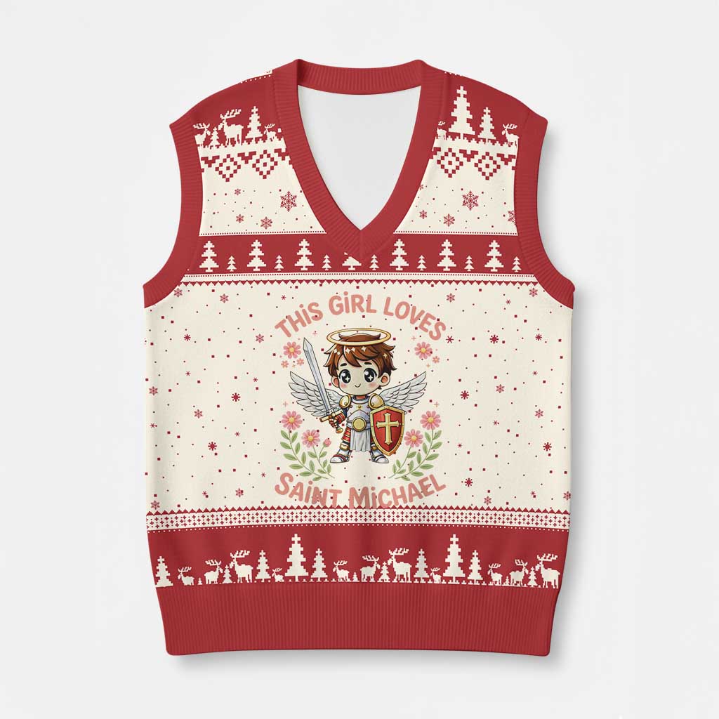 This Girl Loves Saint Michael V-Neck Knit Sweater Vest Catholic Faith Gift TS12 Beige Red Print Your Wear