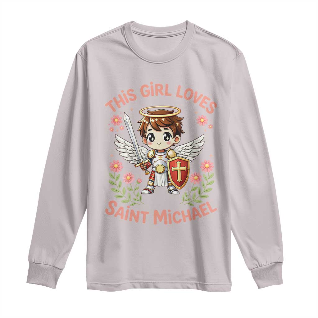 This Girl Loves Saint Michael Long Sleeve Shirt Catholic Faith Gift TS12 Ice Gray Print Your Wear