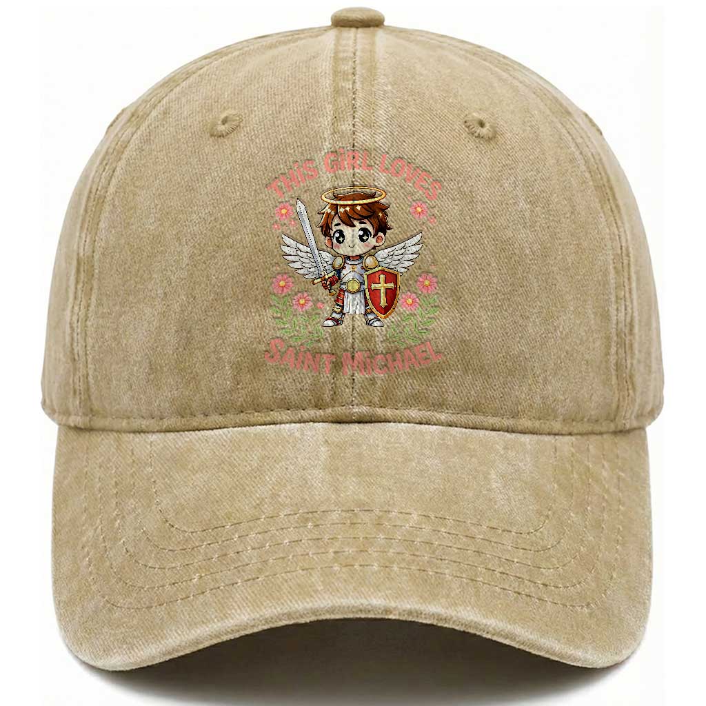 This Girl Loves Saint Michael Washed Cotton Baseball Cap Catholic Faith Gift TS12 Print Your Wear