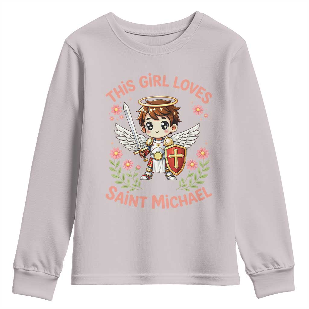 This Girl Loves Saint Michael Youth Sweatshirt Catholic Faith Gift TS12 Ice Gray Print Your Wear