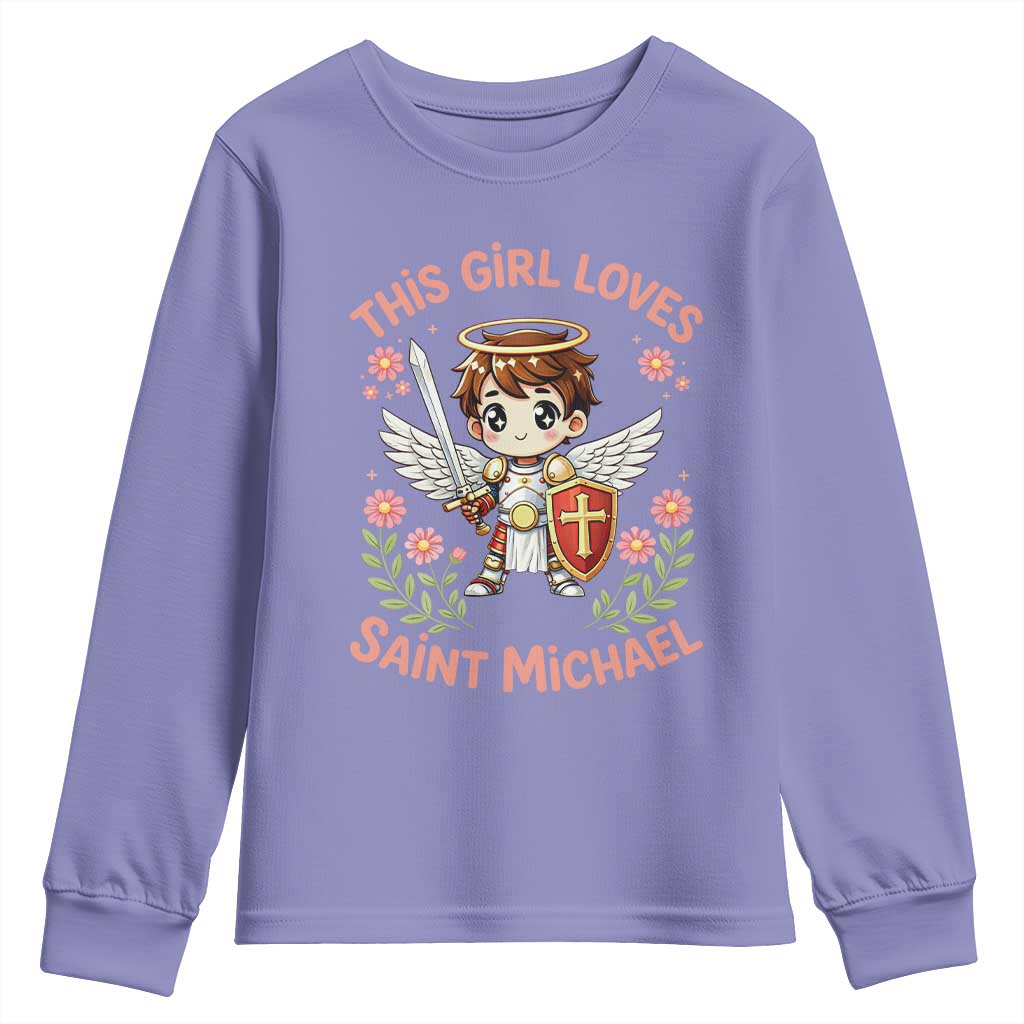 This Girl Loves Saint Michael Youth Sweatshirt Catholic Faith Gift TS12 Violet Print Your Wear