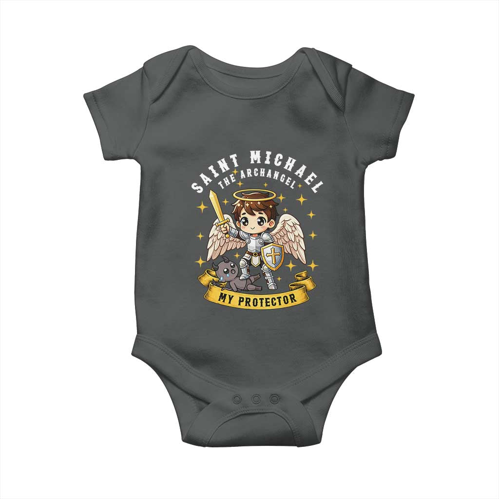 Funny Saint Michael Defeating Satan Baby Onesie Religious Faith Gift TS12 Dark Heather Print Your Wear
