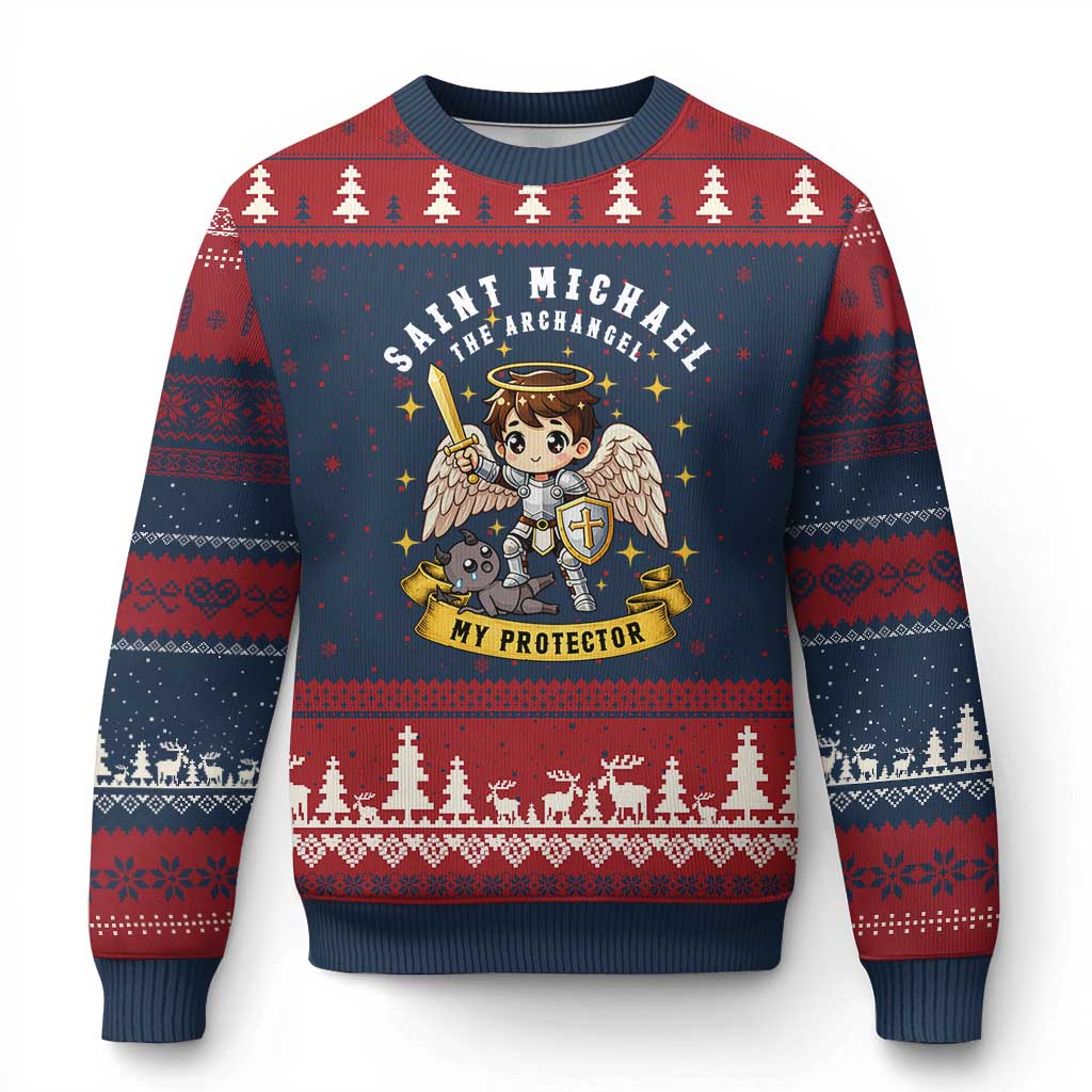 Funny Saint Michael Defeating Satan Ugly Christmas Sweater Religious Faith Gift TS12 Navy Red Print Your Wear