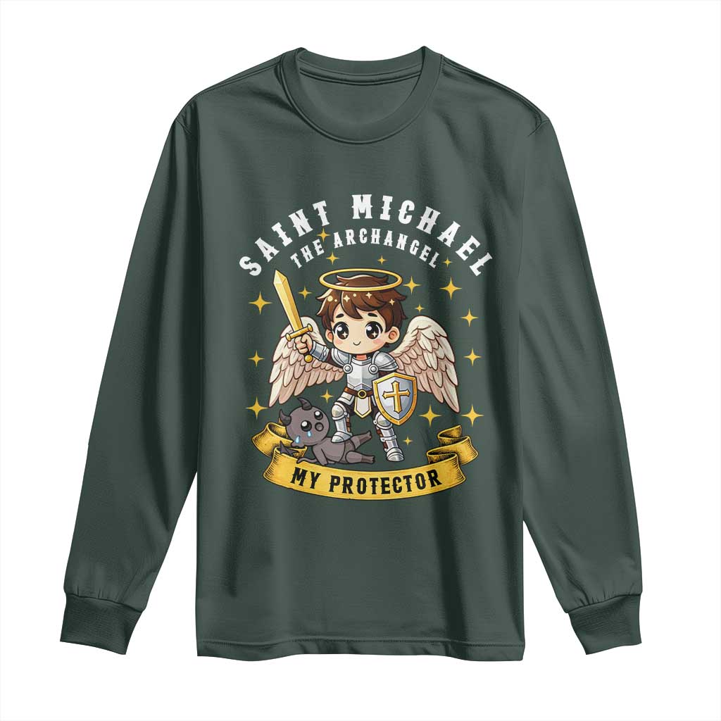 Funny Saint Michael Defeating Satan Long Sleeve Shirt Religious Faith Gift TS12 Dark Forest Green Print Your Wear