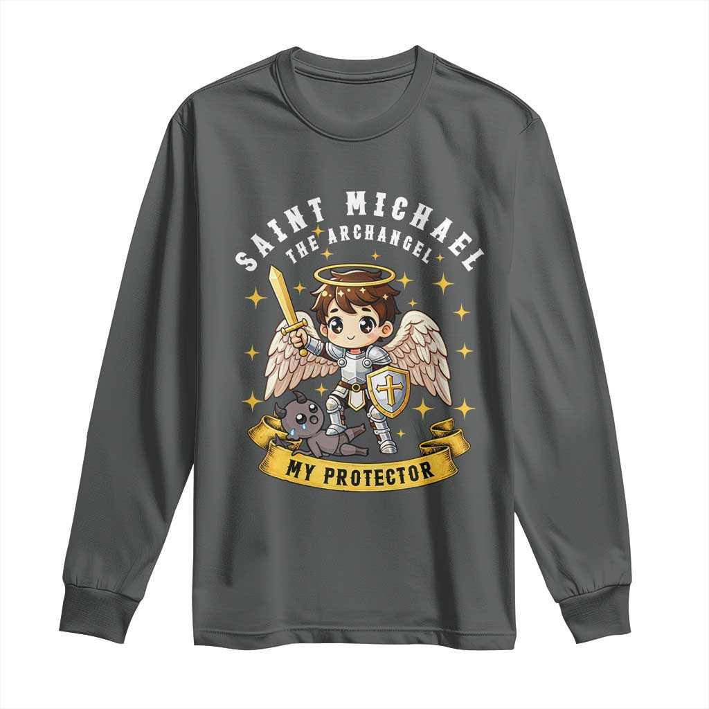 Funny Saint Michael Defeating Satan Long Sleeve Shirt Religious Faith Gift TS12 Dark Heather Print Your Wear
