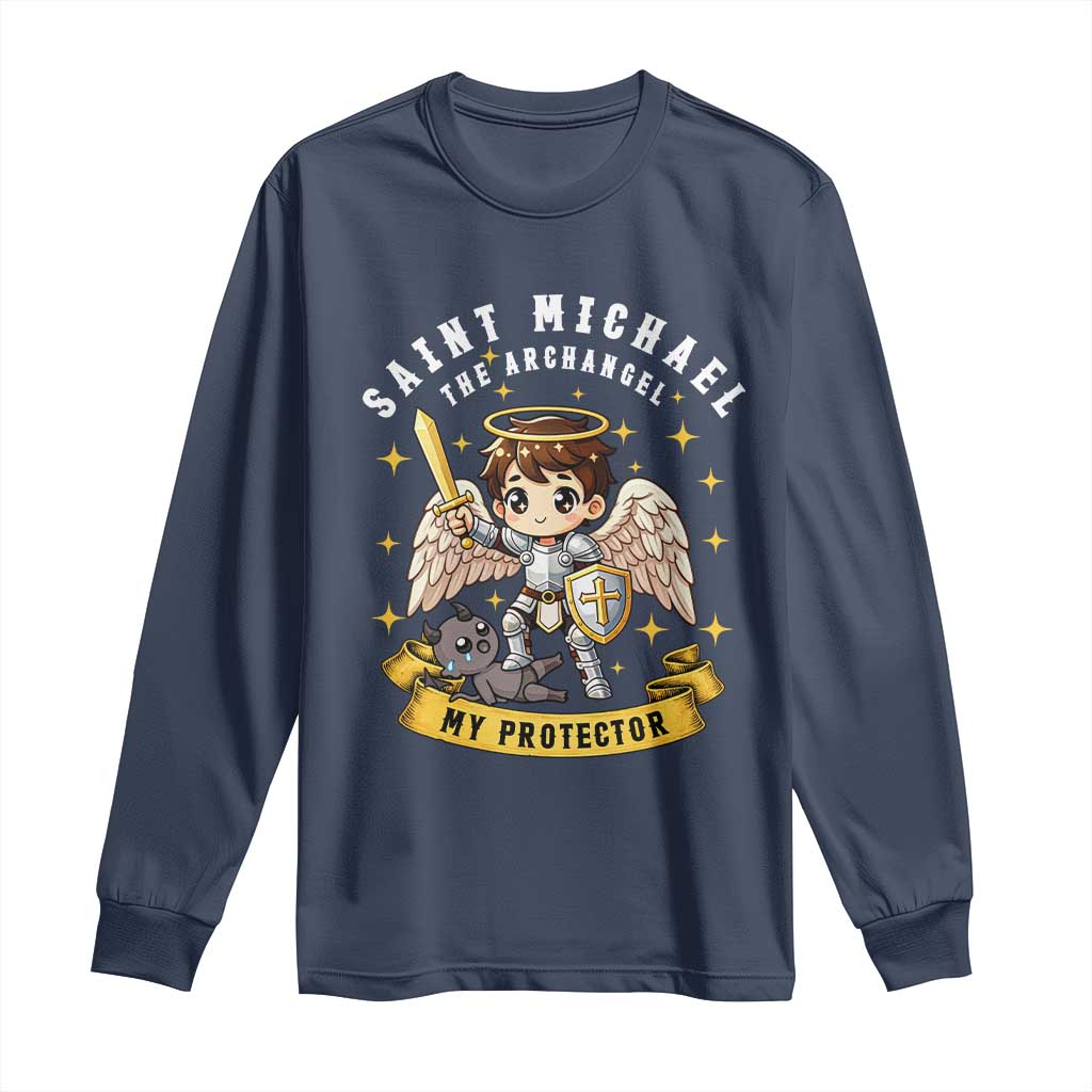 Funny Saint Michael Defeating Satan Long Sleeve Shirt Religious Faith Gift TS12 Navy Print Your Wear