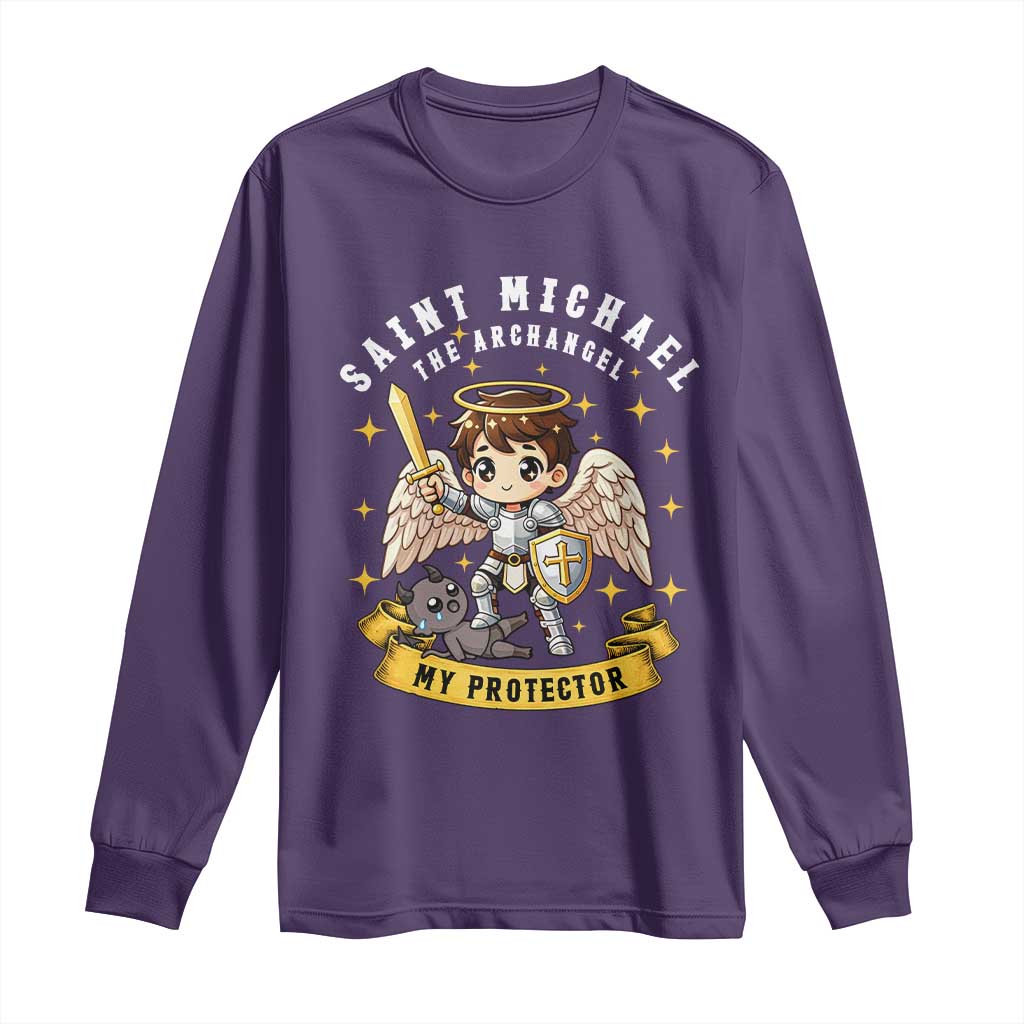 Funny Saint Michael Defeating Satan Long Sleeve Shirt Religious Faith Gift TS12 Purple Print Your Wear