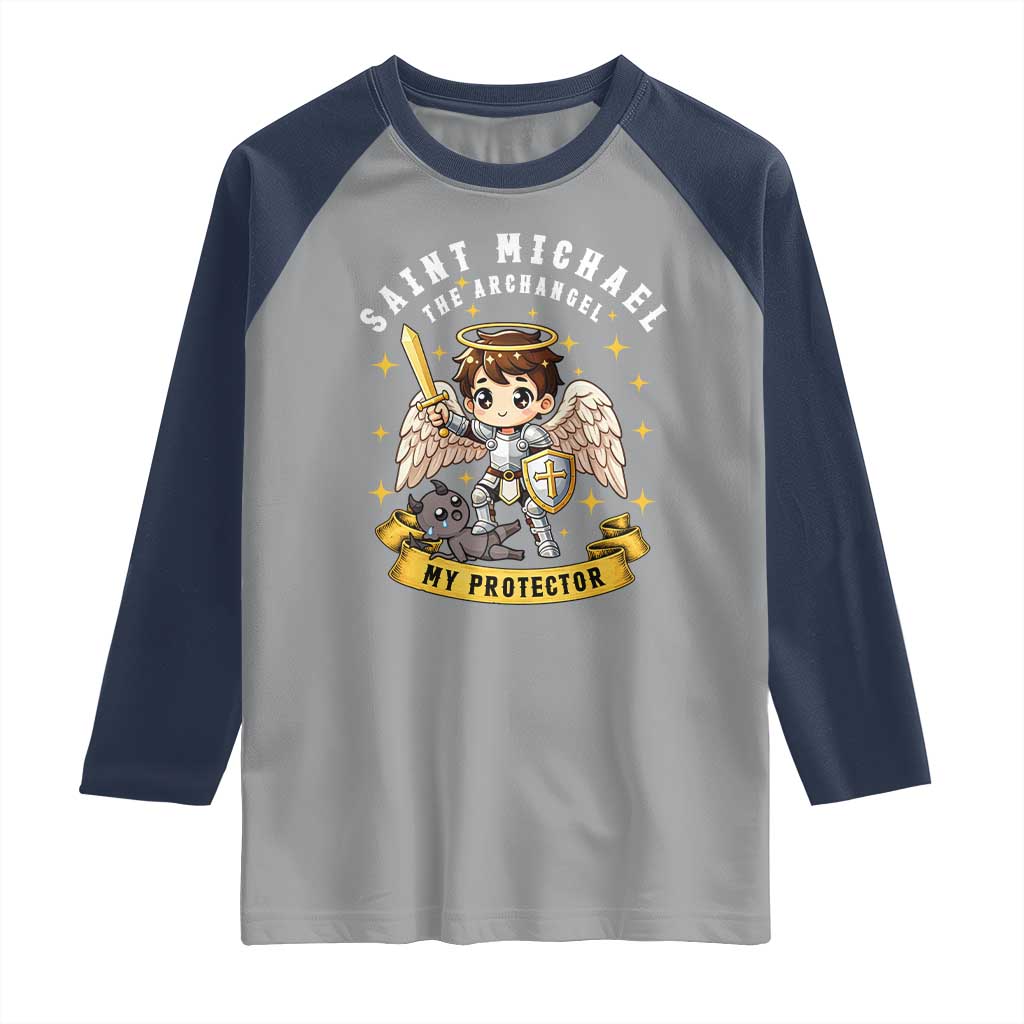Funny Saint Michael Defeating Satan Raglan Shirt Religious Faith Gift TS12 Sport Gray Navy Print Your Wear