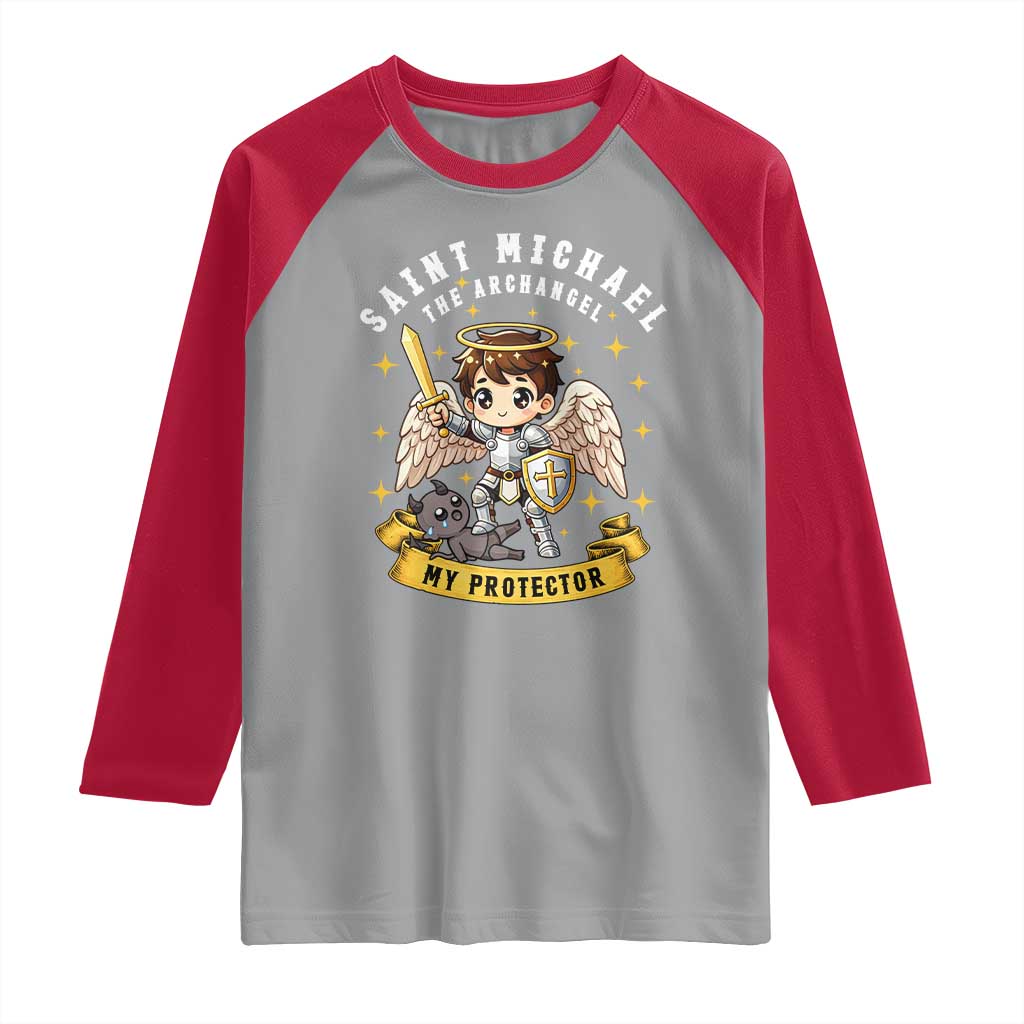 Funny Saint Michael Defeating Satan Raglan Shirt Religious Faith Gift TS12 Sport Gray Red Print Your Wear