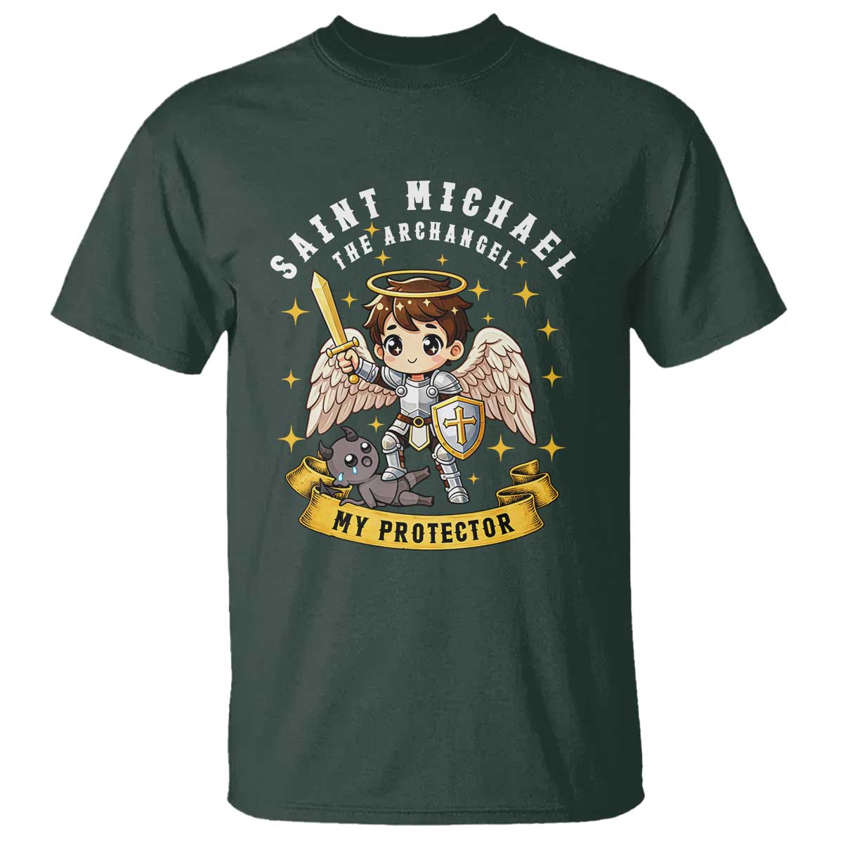 Funny Saint Michael Defeating Satan T Shirt Religious Faith Gift TS12 Dark Forest Green Print Your Wear