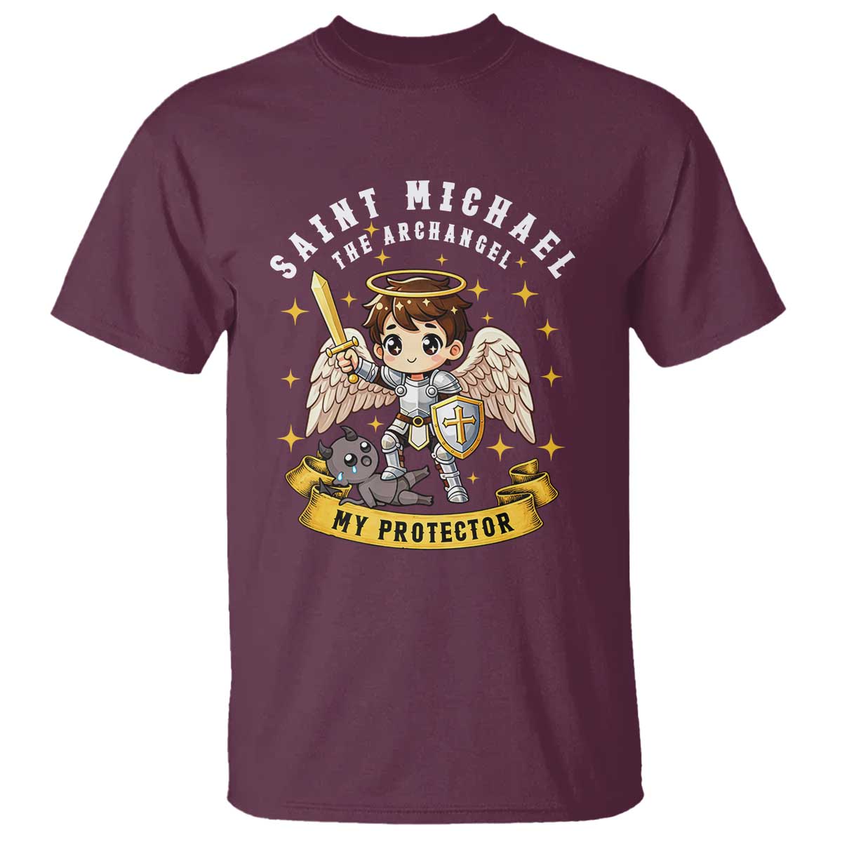 Funny Saint Michael Defeating Satan T Shirt Religious Faith Gift TS12 Maroon Print Your Wear