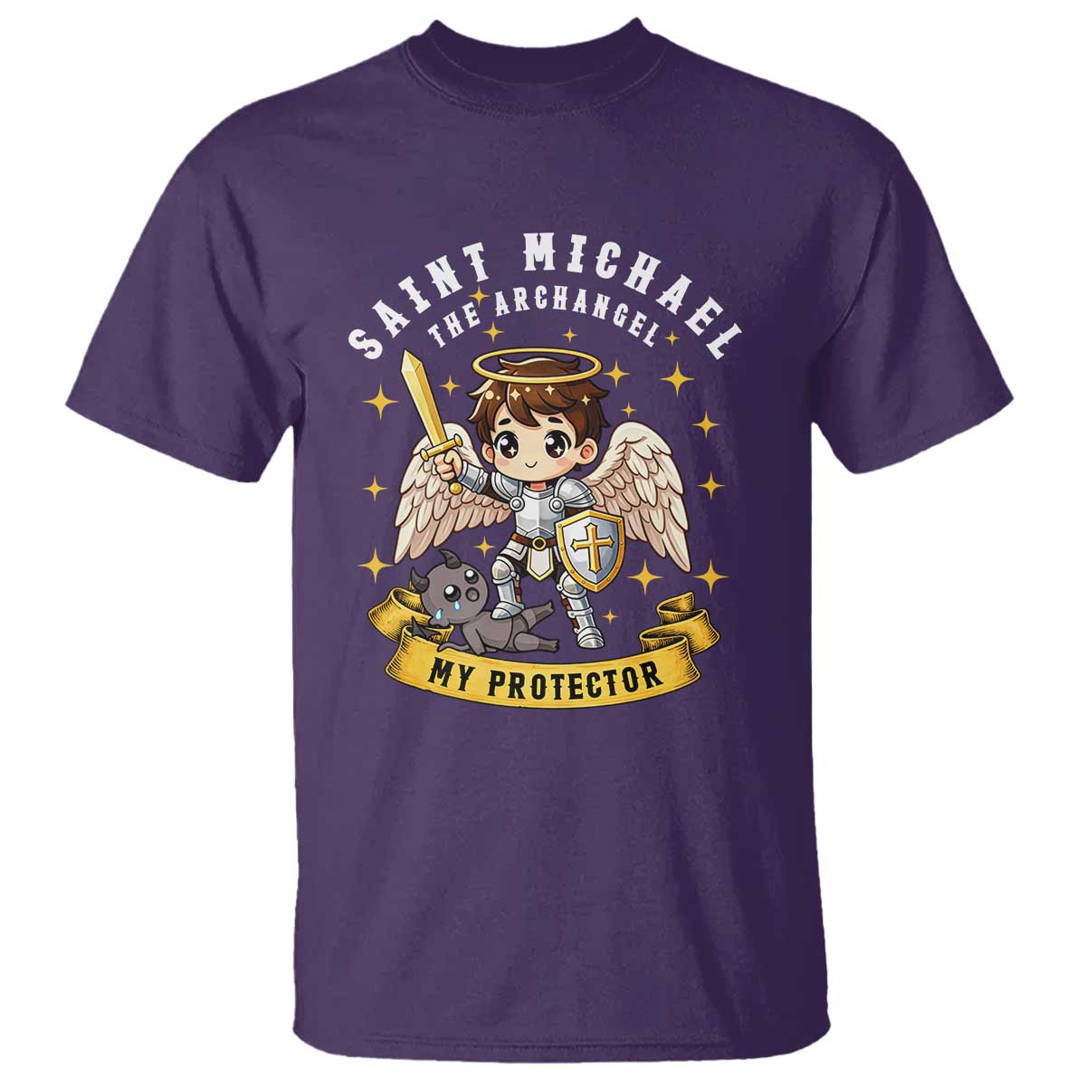 Funny Saint Michael Defeating Satan T Shirt Religious Faith Gift TS12 Purple Print Your Wear