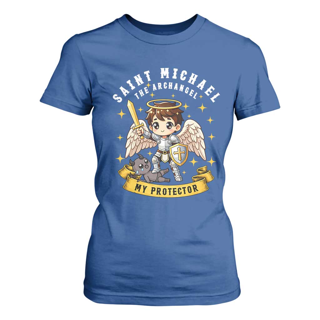 Funny Saint Michael Defeating Satan T Shirt For Women Religious Faith Gift TS12 Royal Blue Print Your Wear
