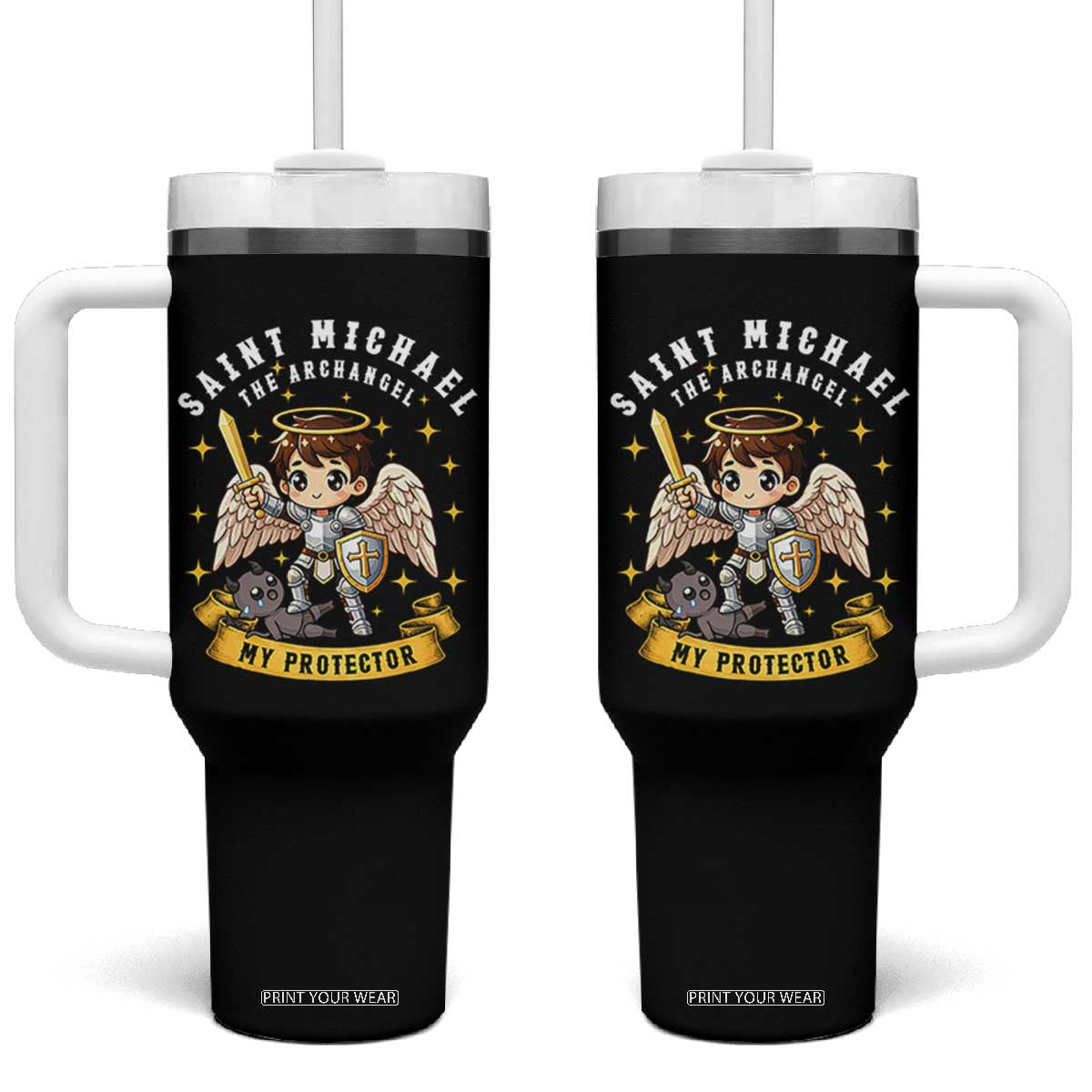 Funny Saint Michael Defeating Satan Tumbler With Handle Religious Faith Gift TS12 One Size: 40 oz Black Print Your Wear