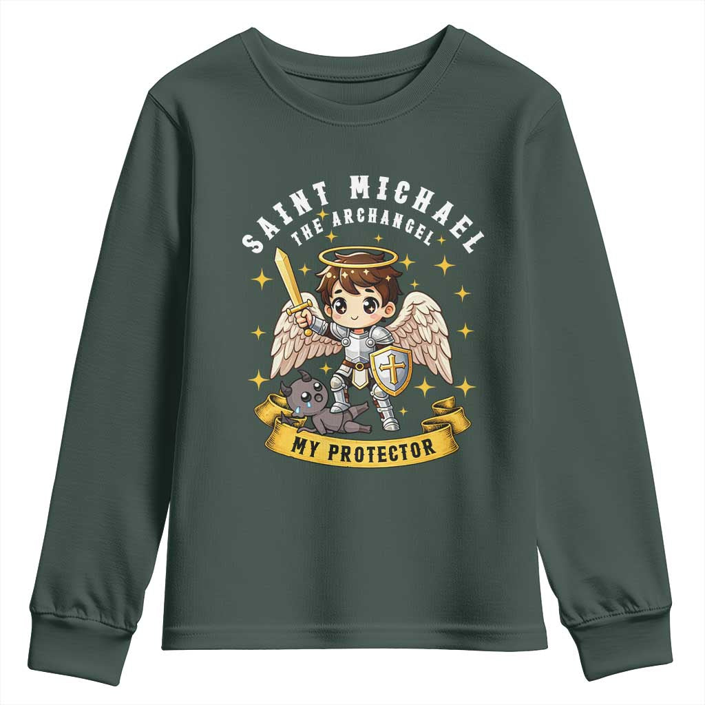Funny Saint Michael Defeating Satan Youth Sweatshirt Religious Faith Gift TS12 Dark Forest Green Print Your Wear