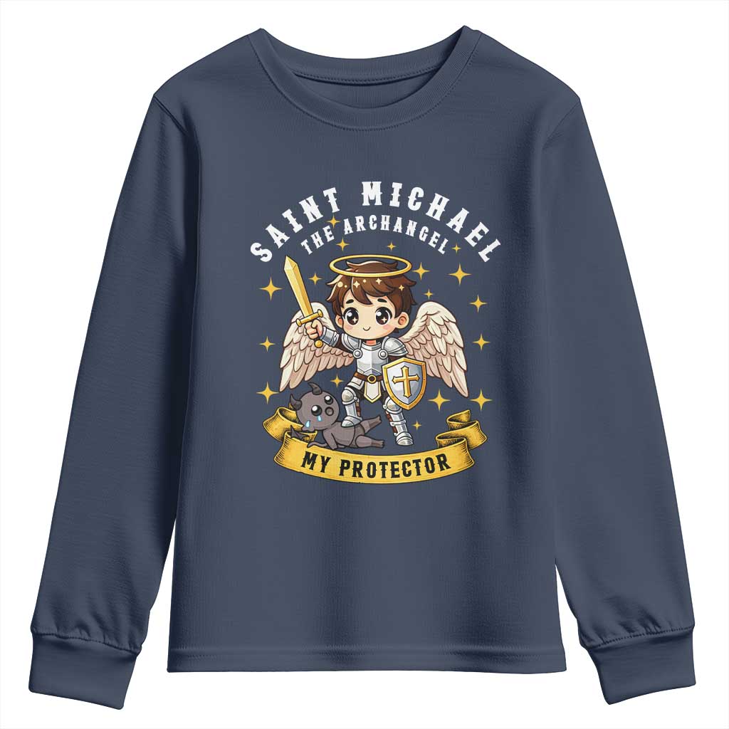 Funny Saint Michael Defeating Satan Youth Sweatshirt Religious Faith Gift TS12 Navy Print Your Wear