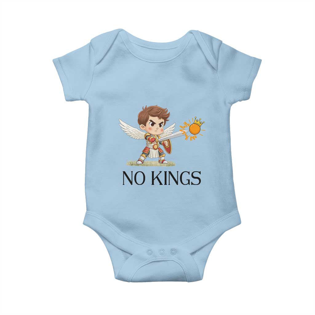 No Kings Baby Onesie Funny Saint Michael Topples The Crown TS12 Light Blue Print Your Wear