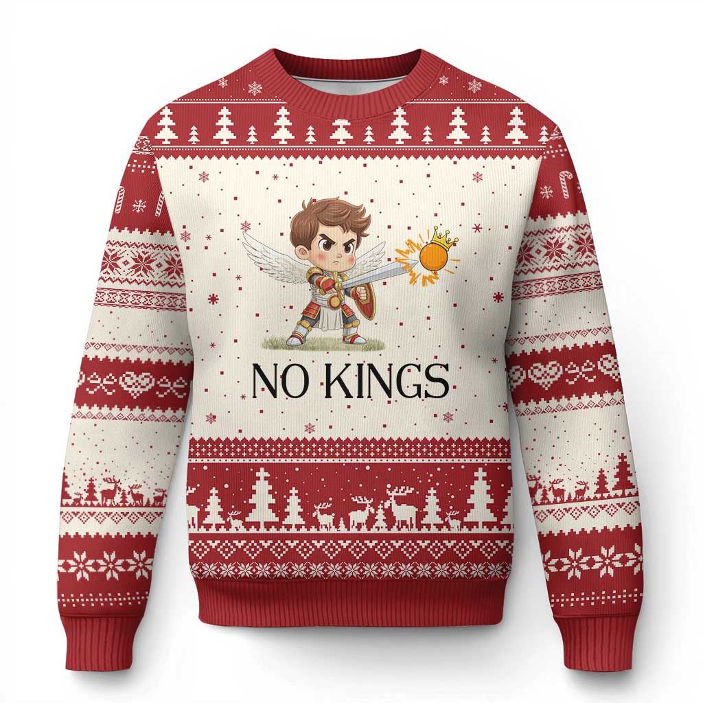 No Kings Ugly Christmas Sweater Funny Saint Michael Topples The Crown TS12 Beige Red Print Your Wear