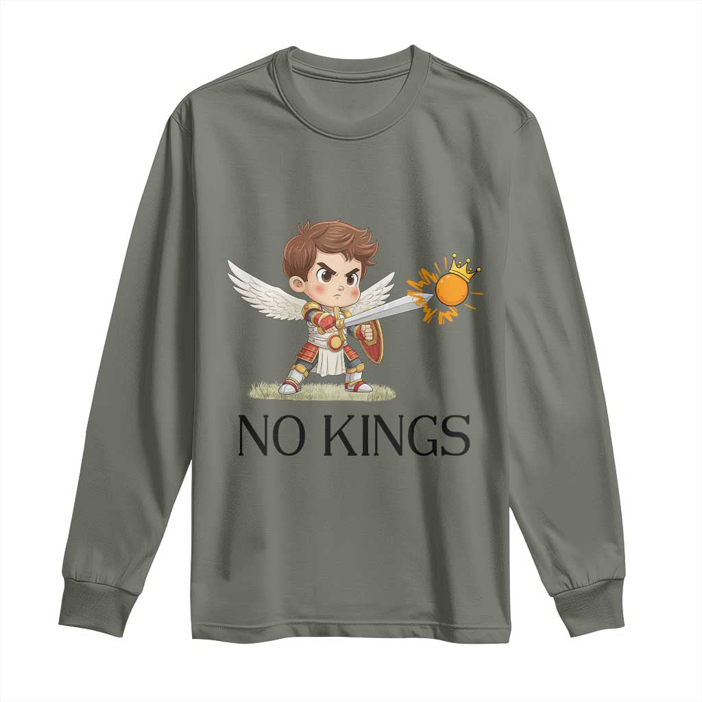 No Kings Long Sleeve Shirt Funny Saint Michael Topples The Crown TS12 Military Green Print Your Wear