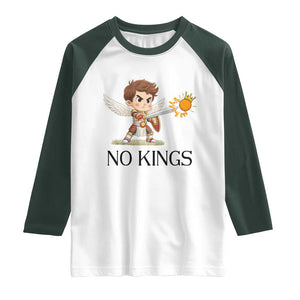 No Kings Raglan Shirt Funny Saint Michael Topples The Crown TS12 White Dark Forest Green Print Your Wear