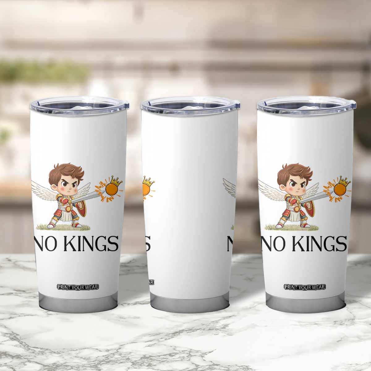 No Kings Tumbler Cup Funny Saint Michael Topples The Crown TS12 Print Your Wear