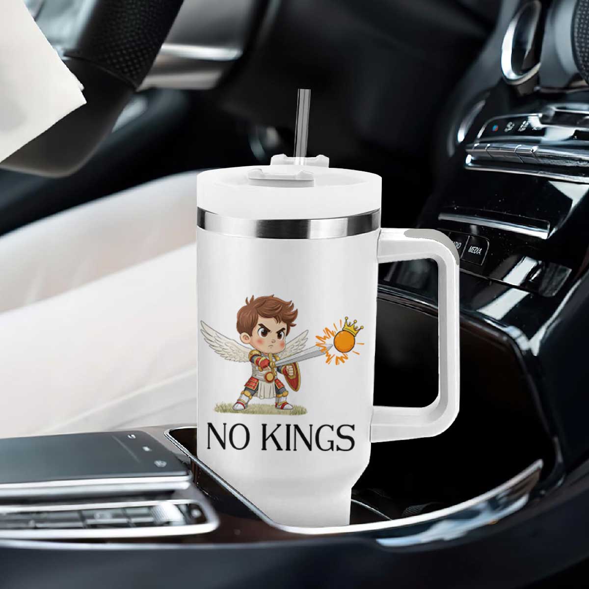No Kings Tumbler With Handle Funny Saint Michael Topples The Crown TS12 Print Your Wear