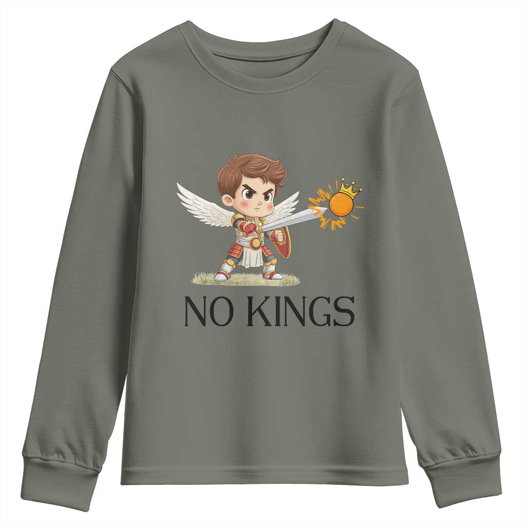 No Kings Youth Sweatshirt Funny Saint Michael Topples The Crown TS12 Military Green Print Your Wear