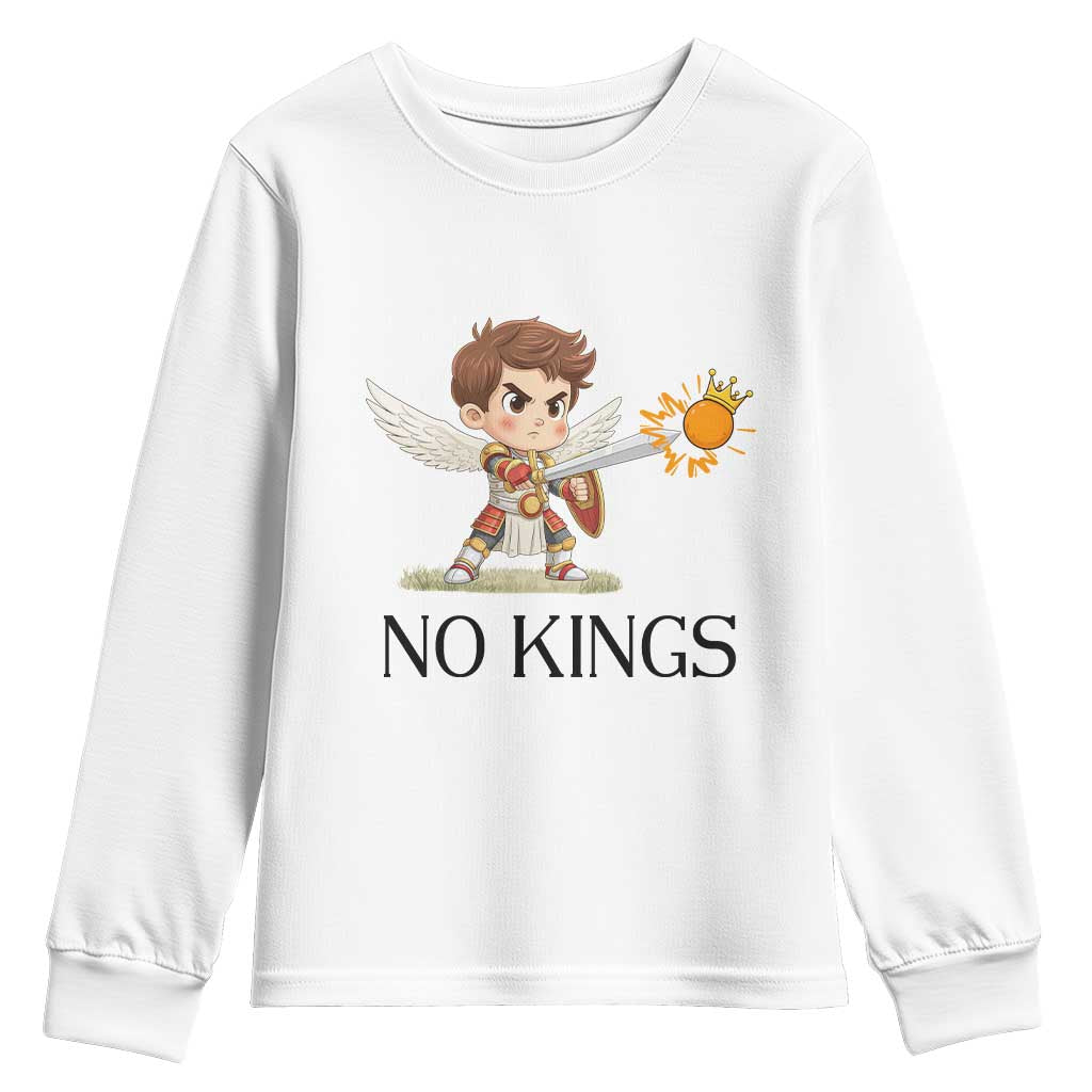 No Kings Youth Sweatshirt Funny Saint Michael Topples The Crown TS12 White Print Your Wear