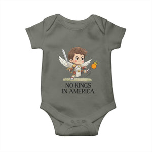 No Kings In America Baby Onesie Funny Saint Michael Kicking Crown TS12 Military Green Print Your Wear