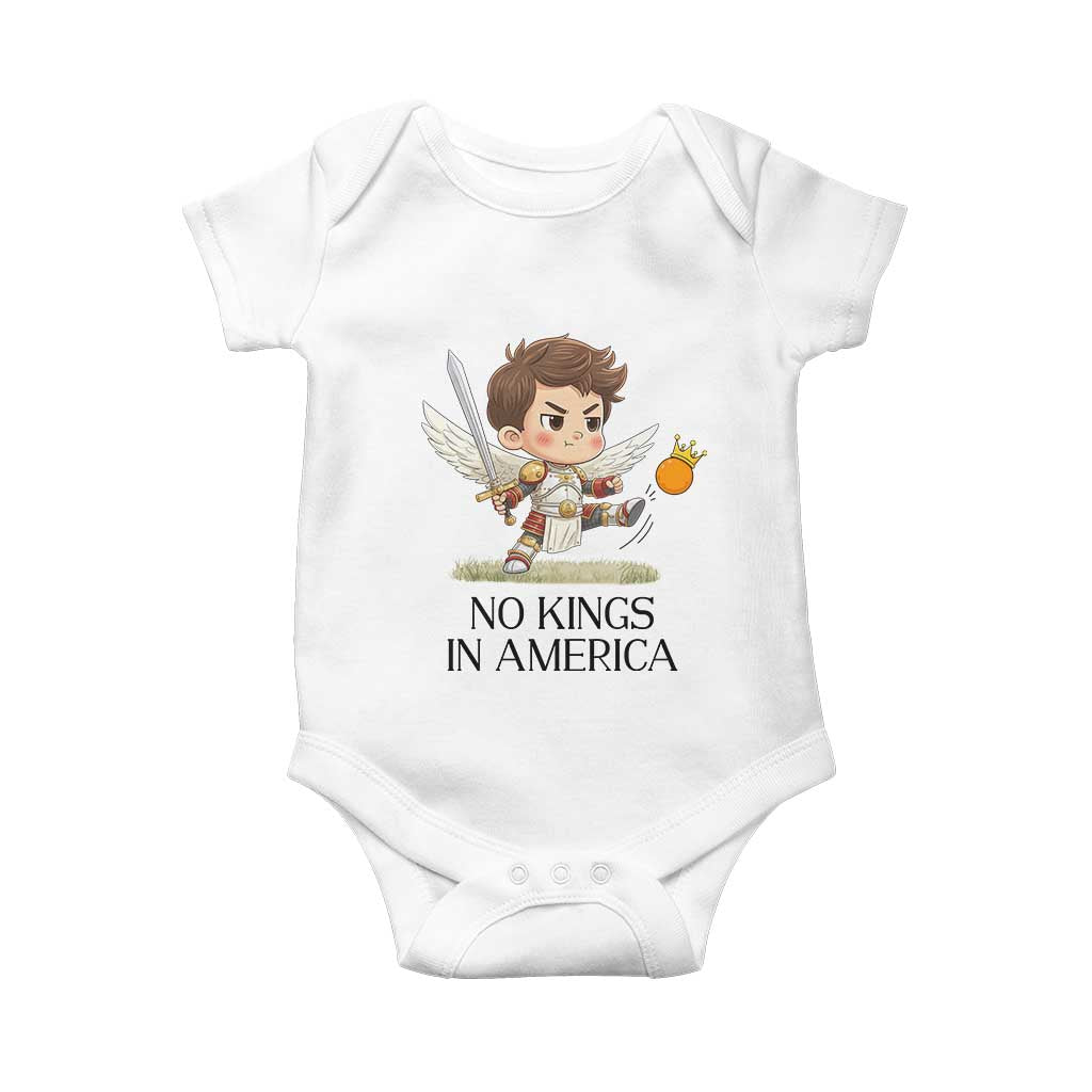 No Kings In America Baby Onesie Funny Saint Michael Kicking Crown TS12 White Print Your Wear