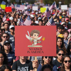 No Kings In America Protest Sign Funny Saint Michael Kicking Crown TS12 Horizontal 18" × 24" Red Print Your Wear