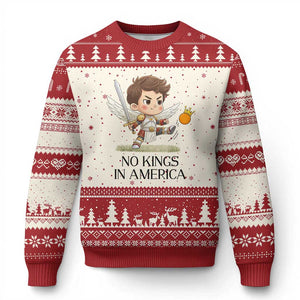 No Kings In America Ugly Christmas Sweater Funny Saint Michael Kicking Crown TS12 Beige Red Print Your Wear