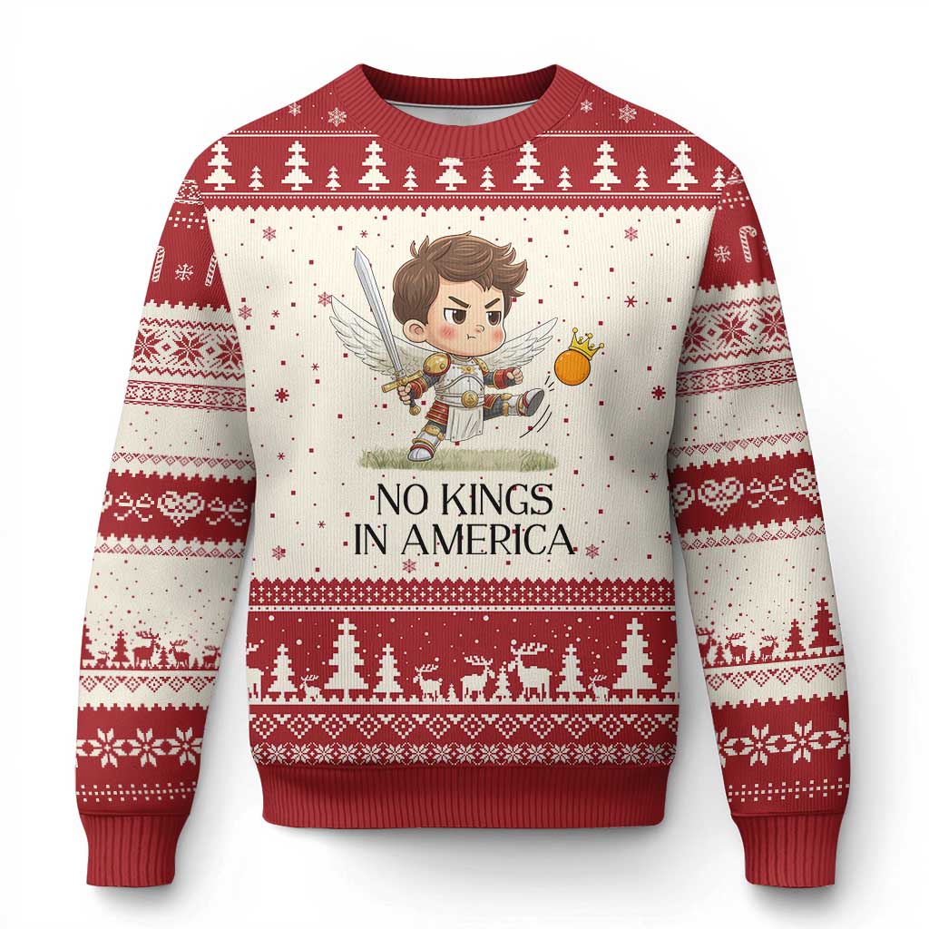 No Kings In America Ugly Christmas Sweater Funny Saint Michael Kicking Crown TS12 Beige Red Print Your Wear