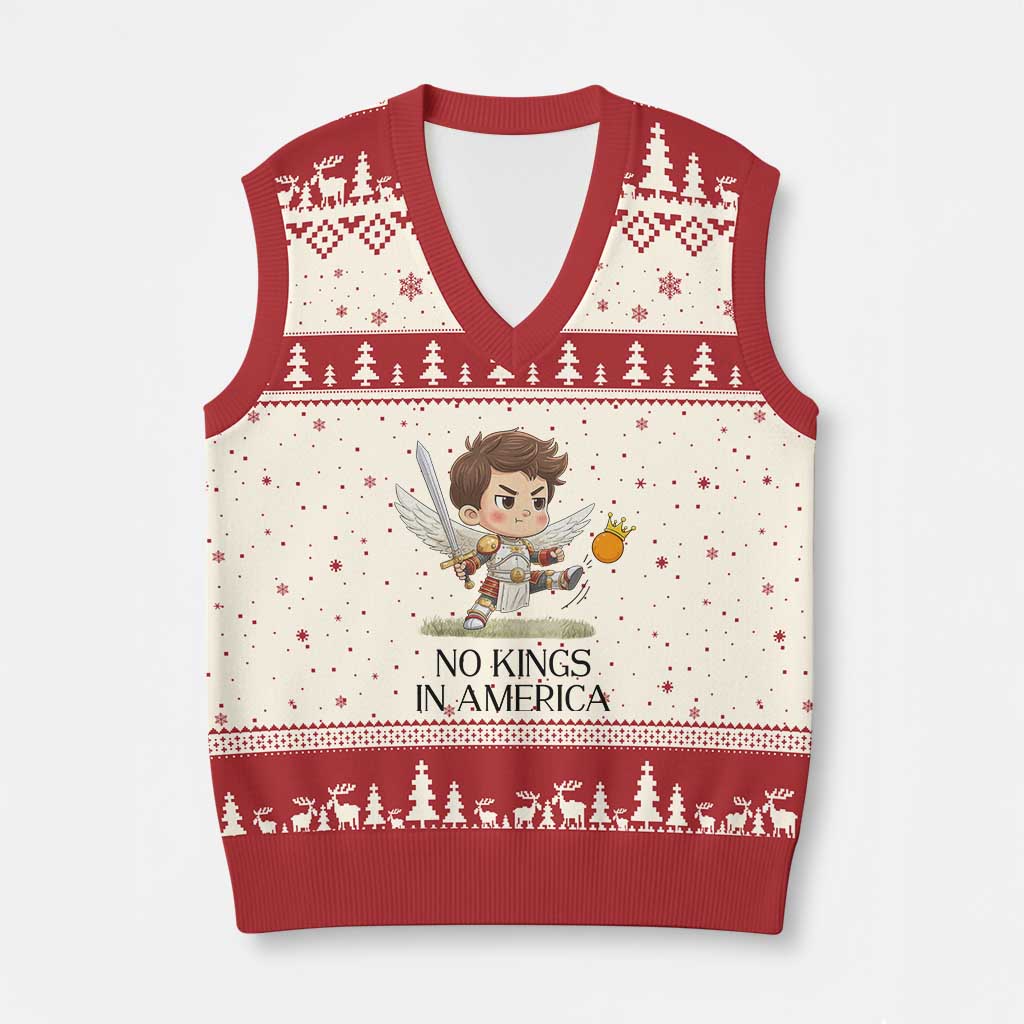No Kings In America V-Neck Knit Sweater Vest Funny Saint Michael Kicking Crown TS12 Beige Red Print Your Wear