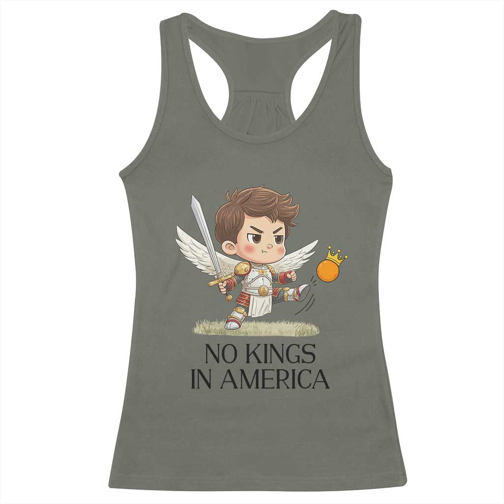 No Kings In America Racerback Tank Top Funny Saint Michael Kicking Crown TS12 Military Green Print Your Wear